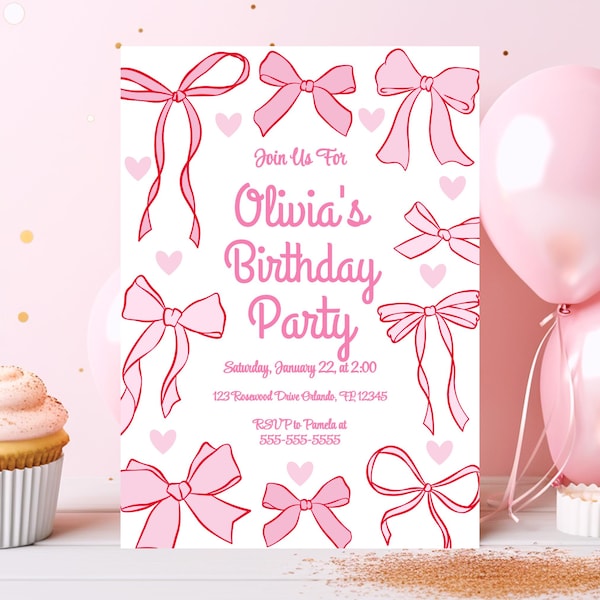 Pink Bow Theme Birthday Invite Pink Bow Birthday Bow Invite Coquette Bow Birthday Girl Birthday Invite Coquette Birthday Invitation Cute BB3