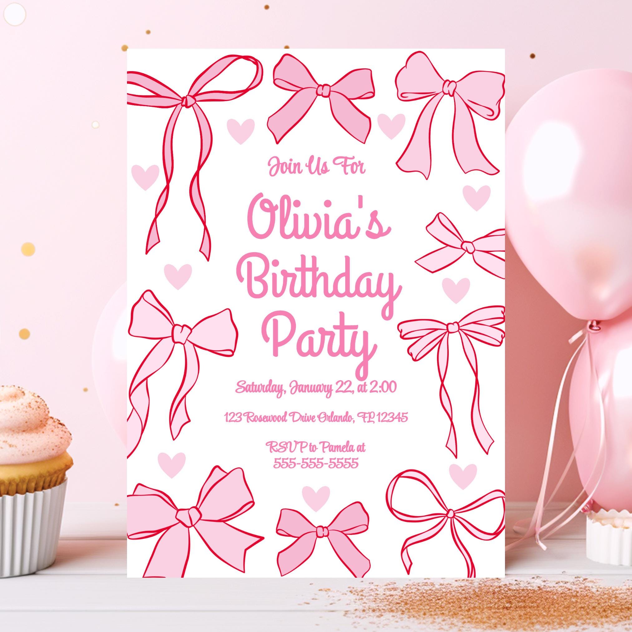 Pink Bow Theme Birthday Invite Pink Bow Birthday Bow Invite Coquette Bow Birthday Girl Birthday Invite Coquette Birthday Invitation Cute BB3