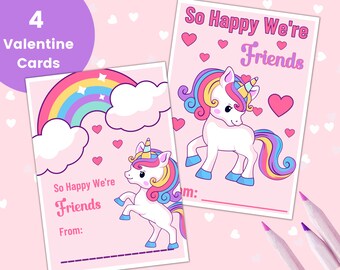 Kids Valentines Card Printable, Unicorn Classroom Valentines, Instant Download, Printable Valentine Cards, DIY Valentine Cards, Friend Card