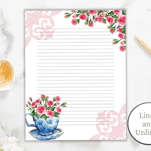 Cottagecore Briefpapier, Rosen Briefpapier, Hübsches Liniertes Papier, Florales Briefpapier, Florales leeres Papier und Liniertes Papier, Aquarell, Download