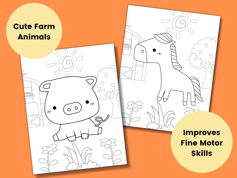 Páginas para colorear de granja para niños, juegos de fiesta para niños, recuerdo de cumpleaños de granja, hoja para colorear de animales, actividades de baby shower, educación en casa imprimible imagen 3
