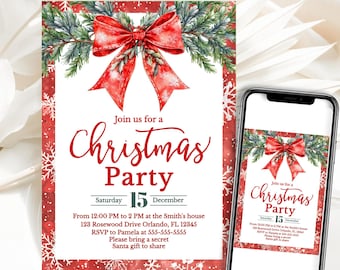 May include: A red and white Christmas party invitation with a red bow and green pine branches. The invitation says "Join us for a Christmas Party" and includes the date "Saturday, December 15th".