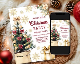 May include: A Christmas party invitation with a watercolor illustration of a decorated Christmas tree. The invitation is for a party at Jessica Smith's on Saturday, January 22 at 2:00. The address is 123 Rosewood Drive, Orlando, FL 12345. RSVP to Pamela at 555-555-5555.