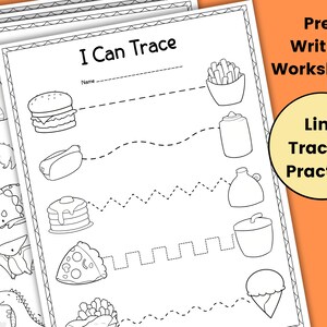 Könnte beinhalten: Schwarzweißes druckbares Arbeitsblatt mit dem Titel "I Can Trace" und verschiedenen Linien-Spuraktivitäten mit Lebensmittel- und Dinosaurier-Illustrationen. Das Arbeitsblatt ist für die Vorübungs-Schreibpraxis konzipiert.