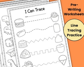 Puede incluir: Hoja de trabajo imprimible en blanco y negro con el título "I Can Trace" y varias actividades de trazado de líneas con ilustraciones de comida y dinosaurios. La hoja de trabajo está diseñada para la práctica de la preescritura.