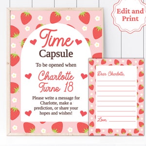 Signe de la capsule pour le premier anniversaire des petits fruits, carte capsule temporelle d'anniversaire aux fraises, 1er anniversaire des baies, fête des fraises, capsule temporelle des baies STRAW2
