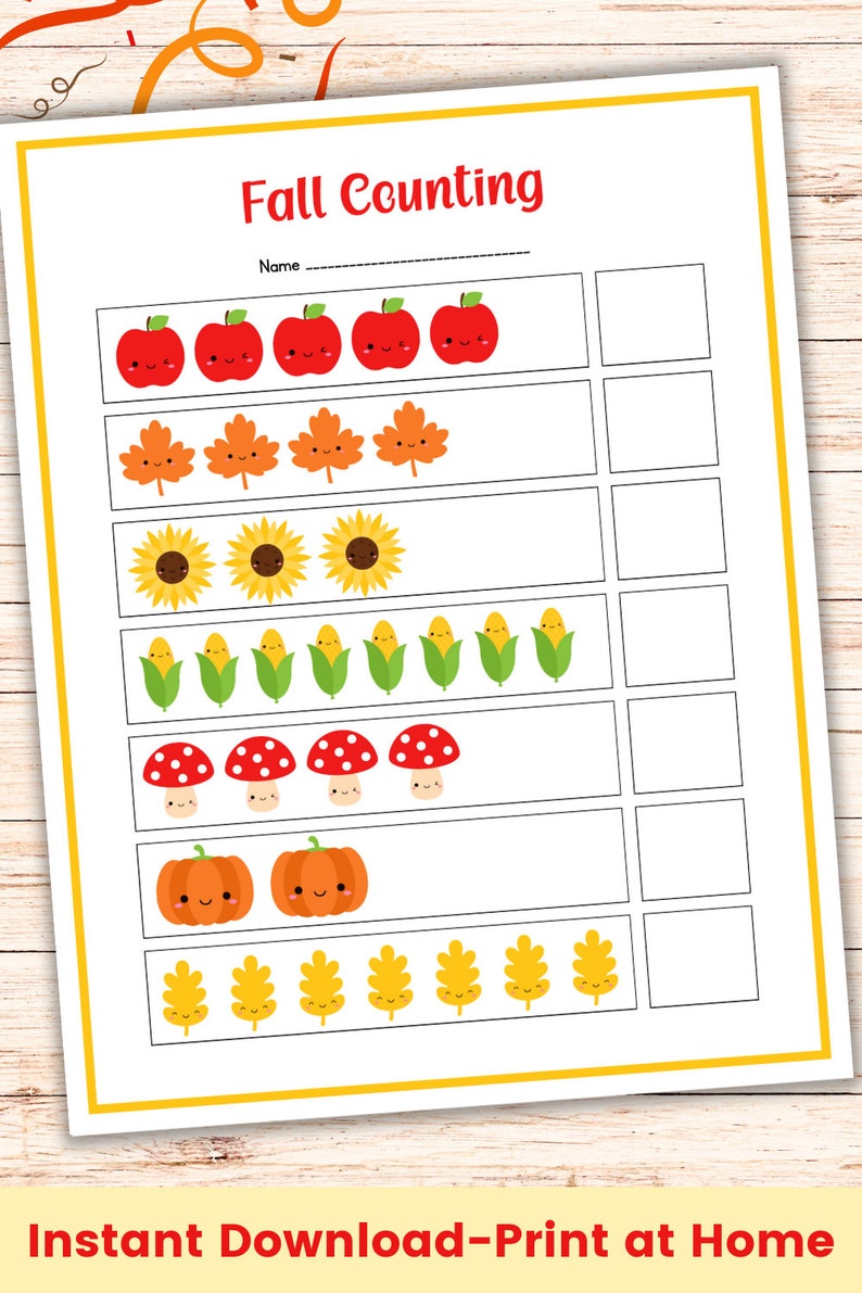 May include: A printable worksheet for kids to practice counting with fall-themed images. The worksheet features apples, leaves, sunflowers, corn, mushrooms, pumpkins, and acorns. The text "Fall Counting" is at the top of the page, and there is a space for a name at the top.