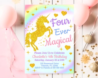 Four Ever Magical Invitation Unicorn Rainbow Unicorn 4Th Birthday Invite Girl 4Th Birthday Magical Unicorn Party Editable Invite Gold UNI5