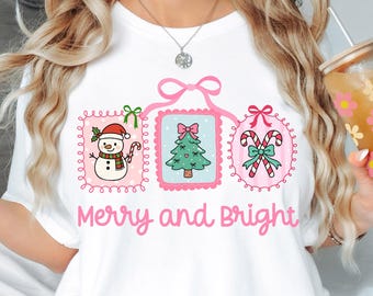 Cute Christmas Shirt Women Christmas T Shirt Comfort Colors Christmas Shirt Coquette Christmas Shirt Preppy Christmas Shirt Merry and Bright