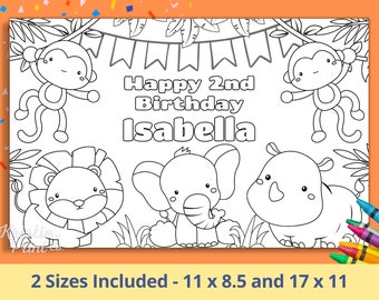 Happy Birthday Coloring Page Editable, Birthday Party Coloring Placemat, Safari Birthday Party, Safari Animals Birthday, Personalized