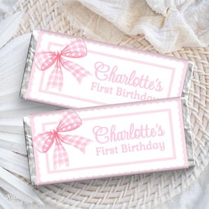 Pink Bow Candy Bar Wrapper Pastel Pink Chocolate Wrapper Pink Bow Birthday Party Favors Girl 1st Birthday Candy Bar Template Pink Bow PINK1