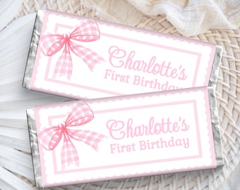 Pink Bow Candy Bar Wrapper Pastel Pink Chocolate Wrapper Pink Bow Birthday Party Favors Girl 1st Birthday Candy Bar Template Pink Bow PINK1