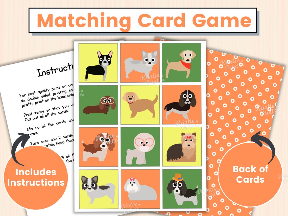Dog Memory Game Printable, Matching Card Game, Matching Game Printable
