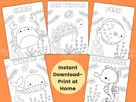 Sea Animal Coloring Pages for Kids, Kids Party Games, Under the Sea Favors, Animal Coloring Sheet, Baby Shower Activities, Ocean, Preschool