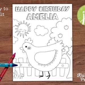Editable Chicken Coloring Page, Chicken Birthday Party, Chicken Party Favors, Chicken Theme Birthday, Farm Coloring Sheet, Happy Birthday