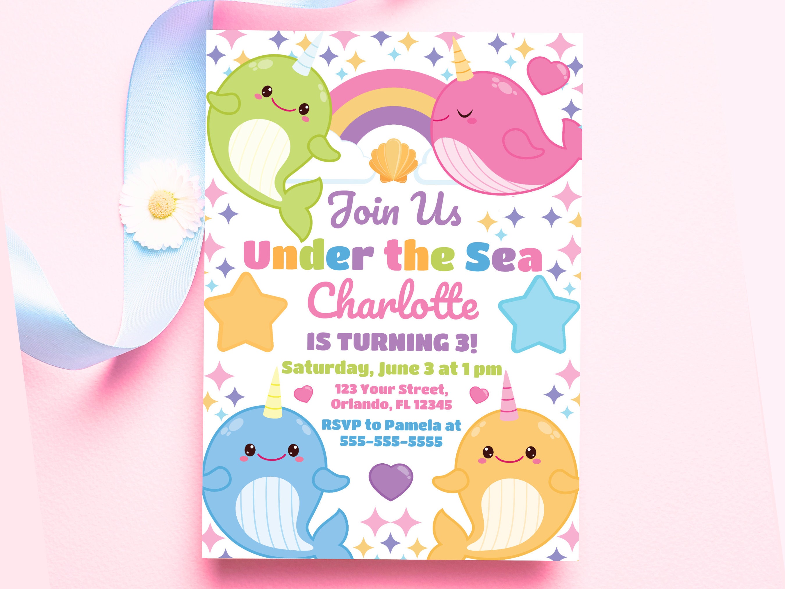 Narwhal Birthday Invitation Under the Sea Party Girl Birthday Invite ...