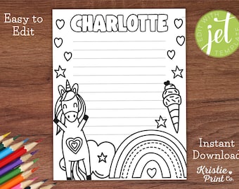 Personalized Stationery for Girls, Unicorn Stationery, Kids Stationery Printable, Cute Writing Paper with Lines, Penpal Stationary, Custom