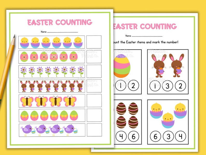May include: A printable Easter counting worksheet for kids. The worksheet features images of Easter eggs, chicks, bunnies, butterflies, and flowers. The worksheet asks children to count the items and circle the correct number.