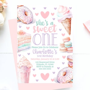 Shes a Sweet One Invitation Girl 1St Birthday Invite Girl First Birthday Invitation Template Instant Download First Birthday Party Girl SWE1