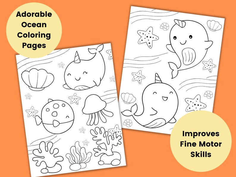 Puede incluir: Dos p&aacute;ginas para colorear en blanco y negro con adorables animales marinos. La primera p&aacute;gina incluye una narval, un pez globo, una medusa, una concha y coral. La segunda p&aacute;gina presenta dos narvales y estrellas de mar. El texto "Adorable Ocean Coloring Pages" est&aacute; en la parte superior de la primera p&aacute;gina y "Improves Fine Motor Skills" est&aacute; en la parte inferior de la segunda p&aacute;gina.