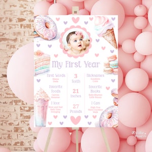 Puede incluir: Un cartel de hitos del primer cumplea&ntilde;os de color rosa y morado con una foto de una ni&ntilde;a. El cartel presenta una variedad de dulces como donas, conos de helado y macarons. El cartel incluye la edad del beb&eacute; en meses, el peso en libras, la altura en pulgadas, las primeras palabras, los alimentos favoritos, los libros favoritos y las cosas que el beb&eacute; puede hacer. El cartel tambi&eacute;n incluye el texto "My First Year".