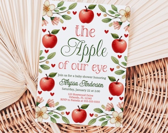 Invitaciones de baby shower de Apple of Our Eye Invitación imprimible de Apple of My Eye Invitación de baby shower de otoño Invitación editable de Apple Baby Shower AP12