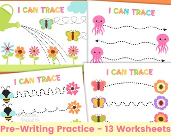 May include: A set of 13 printable worksheets for pre-writing practice. Each worksheet features a different dotted line path to trace, with colorful illustrations of butterflies, flowers, bees, and jellyfish. The text "I Can Trace" appears at the top of each worksheet.
