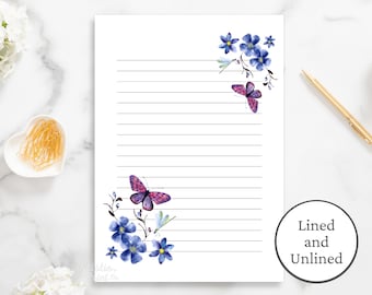 Butterfly Stationery, Letter Writing Stationery, Butterfly Printable Writing Paper, Lined and Blank Paper, Download, A4 & 8.5 x 11 Floral