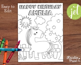 Editable Horse Birthday Coloring Page Printable, Horse Theme Birthday Party, Farm Coloring Sheet, Happy Birthday Coloring Page with Name