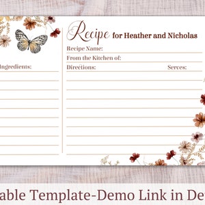 Editable Recipe Card Template, Boho Bridal Shower, Recipe Card Printable, Wildflower Recipe Cards, Floral Recipe Card, Cottage core, PDF