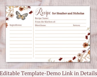 Modèle de carte de recette modifiable, douche nuptiale Boho, carte de recette imprimable, cartes de recette de fleurs sauvages, carte de recette florale, noyau de chalet, PDF