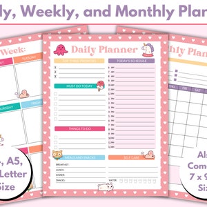 Planificador Kawaii imprimible, Inserciones de planificador A5, Planificador A4, Tamaño de carta de EE. UU., Planificador diario, Planificador semanal, Planificador mensual, Planificador diario lindo