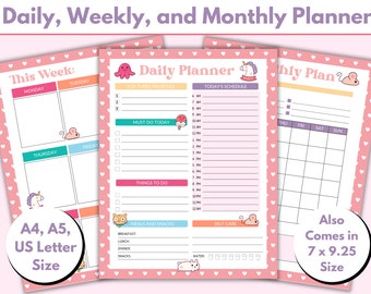 Kawaii Planner Afdrukbaar, A5 Planner Inserts, A4 Planner, US Letter Size, Dagelijkse planner, Weekplanner, Maandplanner, Leuke dagelijkse planner