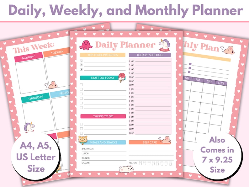 May include: Printable daily, weekly, and monthly planner pages with a pink background and cute cartoon illustrations. The pages are designed for A4, A5, and US Letter sizes. The monthly planner is a grid with days of the week labelled. The daily planner has sections for top three priorities, must do today, things to do, meals and snacks, and self care. The weekly planner has a grid with days of the week labelled.