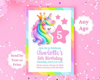 女の子向け誕生日招待状 ユニコーンバースデー レインボーユニコーン招待状テンプレート マジカルユニコーンパーティー招待状 パステルユニコーン招待状 GUI2