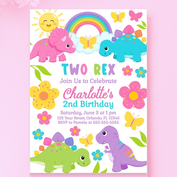 Two Rex Birthday Invitation Girl Dinosaur Party Dinosaur Birthday Pink Dinosaur Second Birthday Printable Invite Dino Birthday Template DIN3