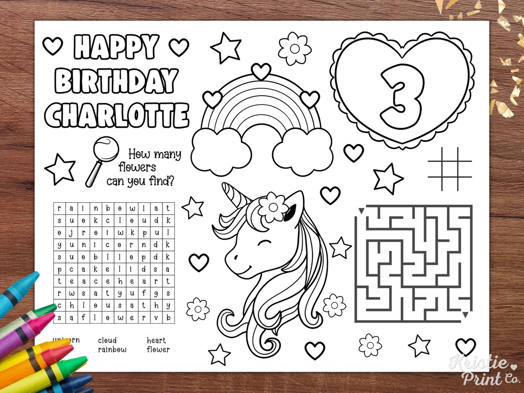 Editable Unicorn Placemat, Birthday Party Coloring Placemat, Unicorn
