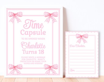Pink Bow Time Capsule Sign with Time Capsule Cards Girl Time Capsule First Birthday Girl Pink Bow Party Decor Classic Pink Birthday PINK1