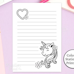 Papelería de unicornio, Papelería para colorear, Papel de carta Kawaii imprimible, Papelería para niños lindos, Papel para escribir cartas, Página para colorear de diario