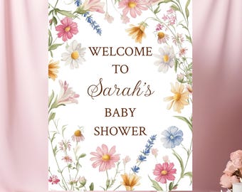 Può includere: Benvenuti al baby shower di Sarah con un design floreale con fiori rosa, gialli, blu e bianchi su sfondo bianco.