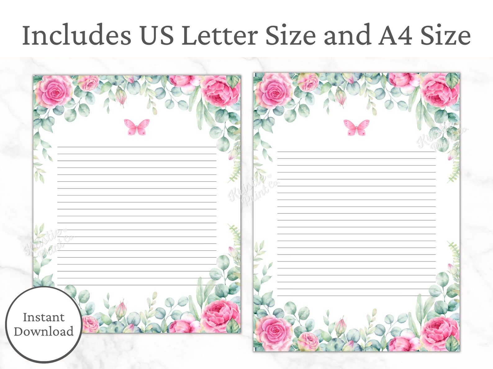 Pink Roses Stationery, Floral Lined Paper, Printable Stationery Paper ...