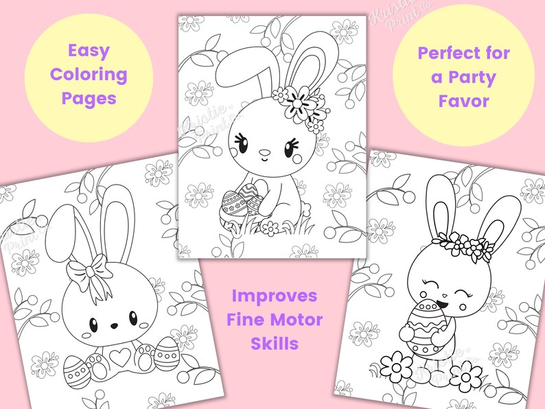 May include: Three black and white coloring pages featuring cute bunny rabbits holding Easter eggs. Each bunny is wearing a flower crown or a bow. The pages are perfect for kids to color and celebrate Easter.
