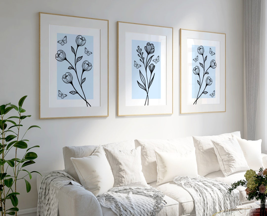 Light Blue Wall Art Set of 3 Flower Pictures for Wall Peony Print