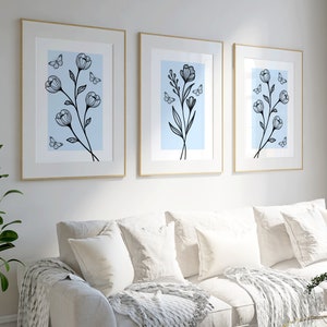 Light Blue Wall Art Set of 3 Flower Pictures for Wall Peony Print Botanical Line Art Aesthetic Bedroom Prints Pastel Blue Bedroom Decor