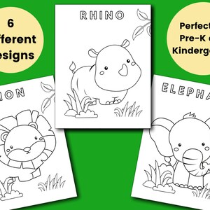 Pode incluir: P&aacute;ginas para colorir em preto e branco com seis desenhos de animais diferentes: um le&atilde;o, um rinoceronte, um elefante, uma girafa, uma zebra e um macaco. Cada animal &eacute; retratado em um estilo simples e de desenho animado, perfeito para crian&ccedil;as pequenas colorirem.