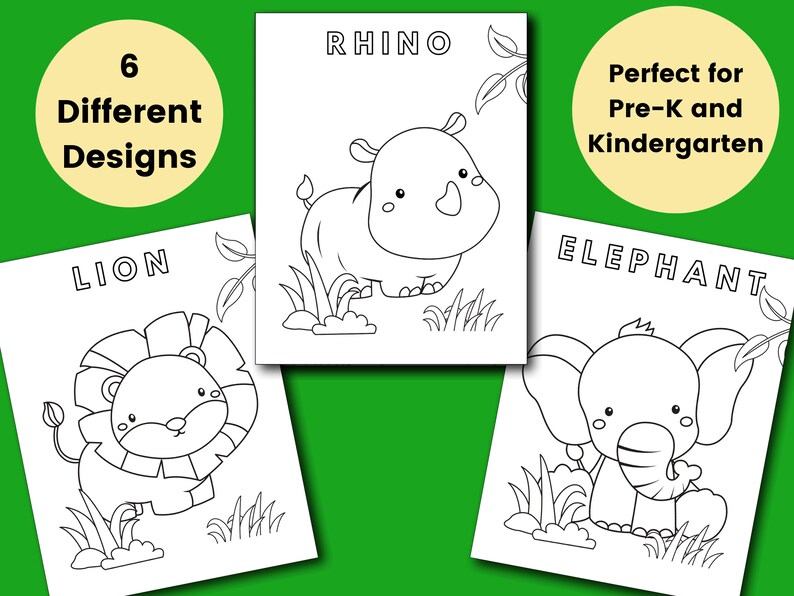Pode incluir: P&aacute;ginas para colorir em preto e branco com seis desenhos de animais diferentes: um le&atilde;o, um rinoceronte, um elefante, uma girafa, uma zebra e um macaco. Cada animal &eacute; retratado em um estilo simples e de desenho animado, perfeito para crian&ccedil;as pequenas colorirem.