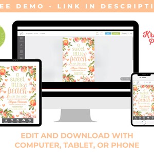 Puede incluir: Una maqueta digital de una invitaci&oacute;n de baby shower con tem&aacute;tica de melocot&oacute;n. La invitaci&oacute;n presenta una ilustraci&oacute;n de acuarela de melocotones, flores y el texto "A sweet little peach is on the way". La invitaci&oacute;n se muestra en una pantalla de computadora, una tableta y un tel&eacute;fono.