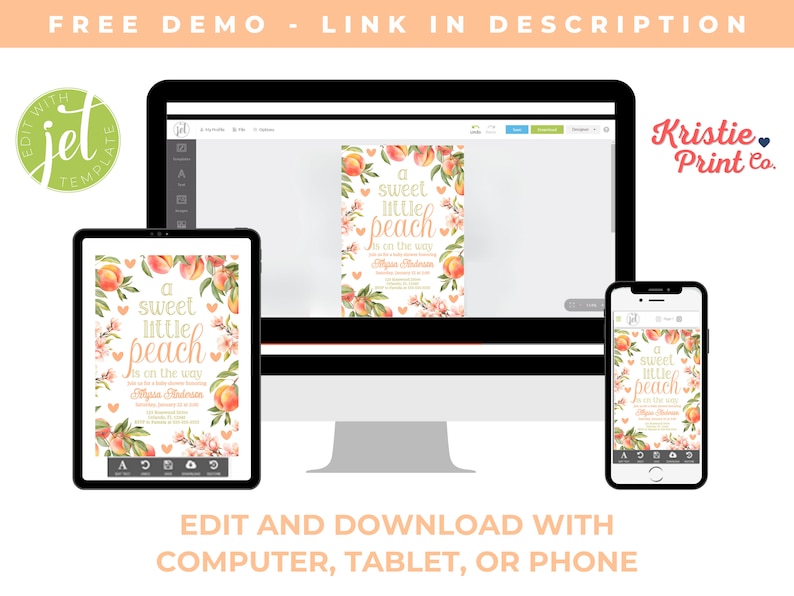 Puede incluir: Una maqueta digital de una invitaci&oacute;n de baby shower con tem&aacute;tica de melocot&oacute;n. La invitaci&oacute;n presenta una ilustraci&oacute;n de acuarela de melocotones, flores y el texto "A sweet little peach is on the way". La invitaci&oacute;n se muestra en una pantalla de computadora, una tableta y un tel&eacute;fono.