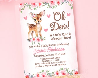 Woodland Baby Shower Chica Oh Deer Baby Shower Invitación Chica Baby Shower Invitar Venado Rosa Bebé Venado Invitar Invitación Editable Plantilla DB1