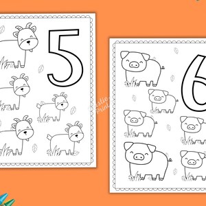 May include: Black and white colouring page featuring the numbers 5 and 6 with illustrations of five goats and six pigs. The goats are standing on grass with leaves falling from the trees. The pigs are standing on grass with leaves falling from the trees.